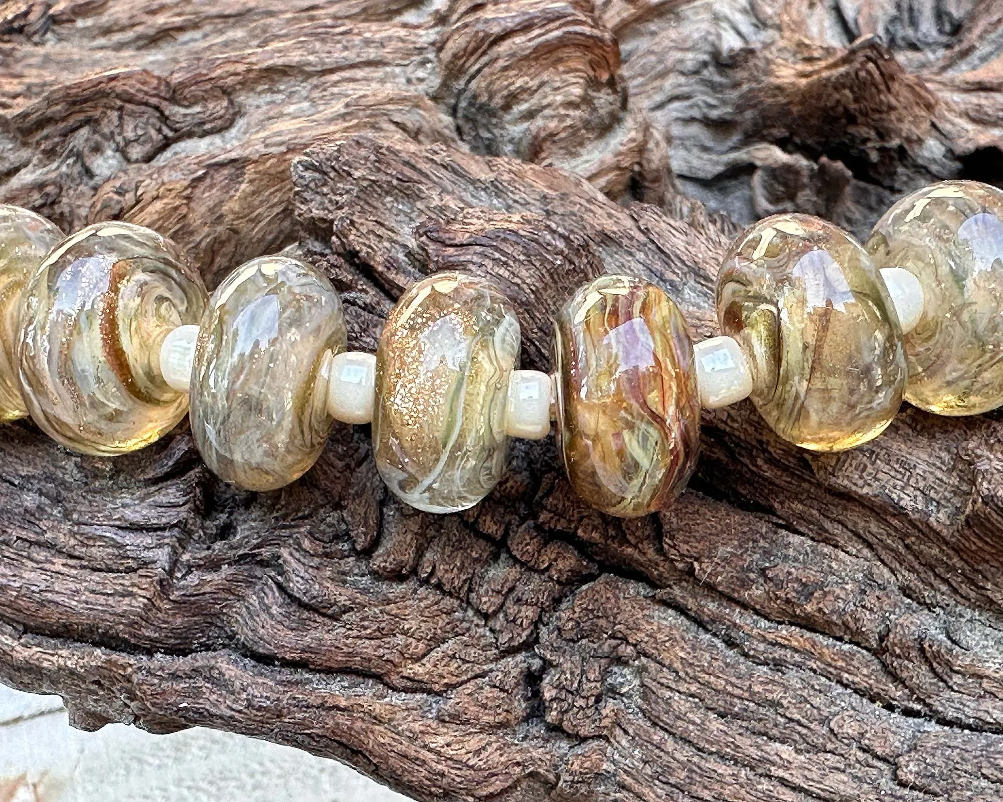 10 Golden Sparkle Lampwork Beads Set SRA
