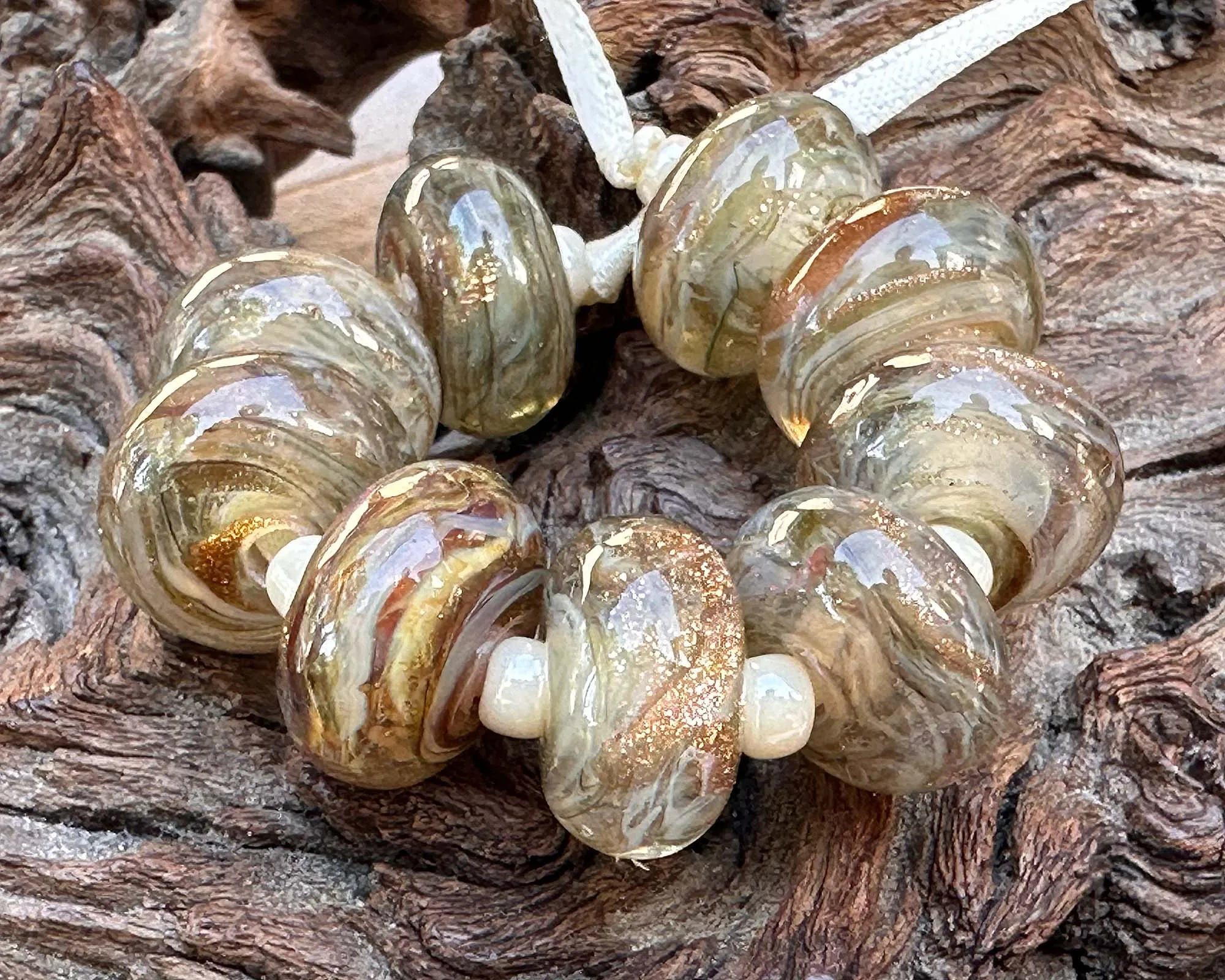 10 Golden Sparkle Lampwork Beads Set SRA