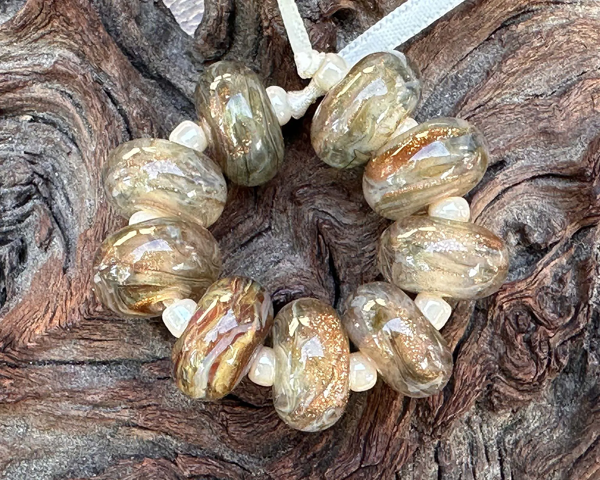 10 Golden Sparkle Lampwork Beads Set SRA