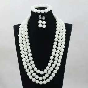 100% Genuine white round Carved Coral beads necklace set