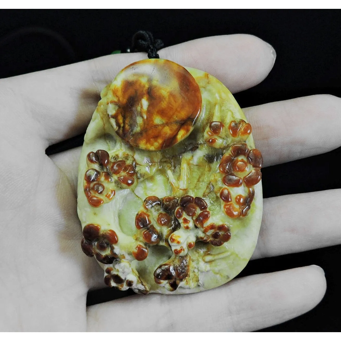 100% Natural Hand-carved Jade Pendant Jadeite Necklace Moon & Plum Flower