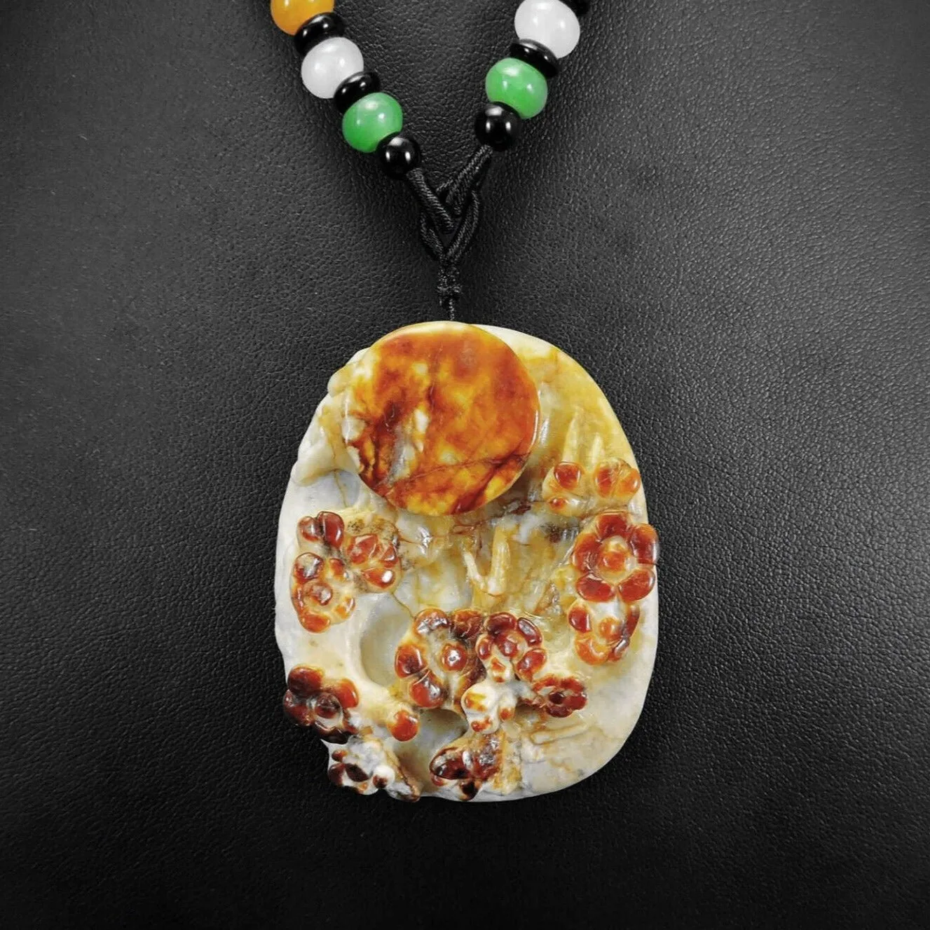 100% Natural Hand-carved Jade Pendant Jadeite Necklace Moon & Plum Flower
