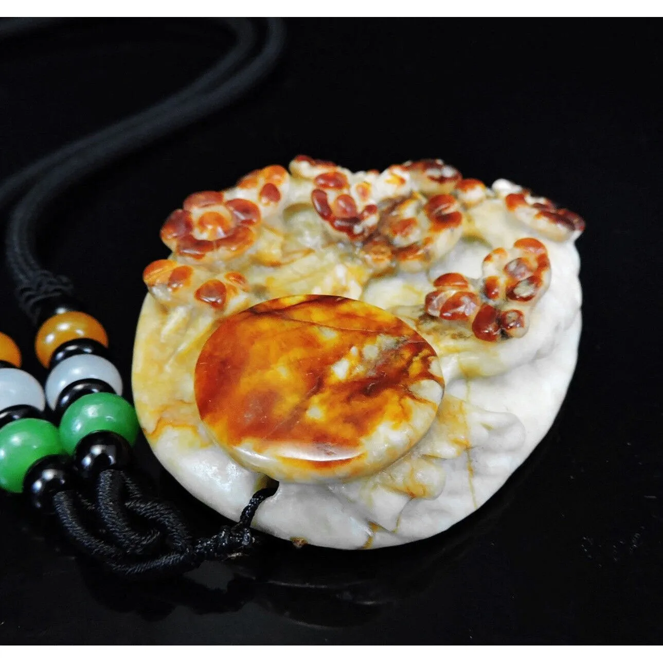 100% Natural Hand-carved Jade Pendant Jadeite Necklace Moon & Plum Flower