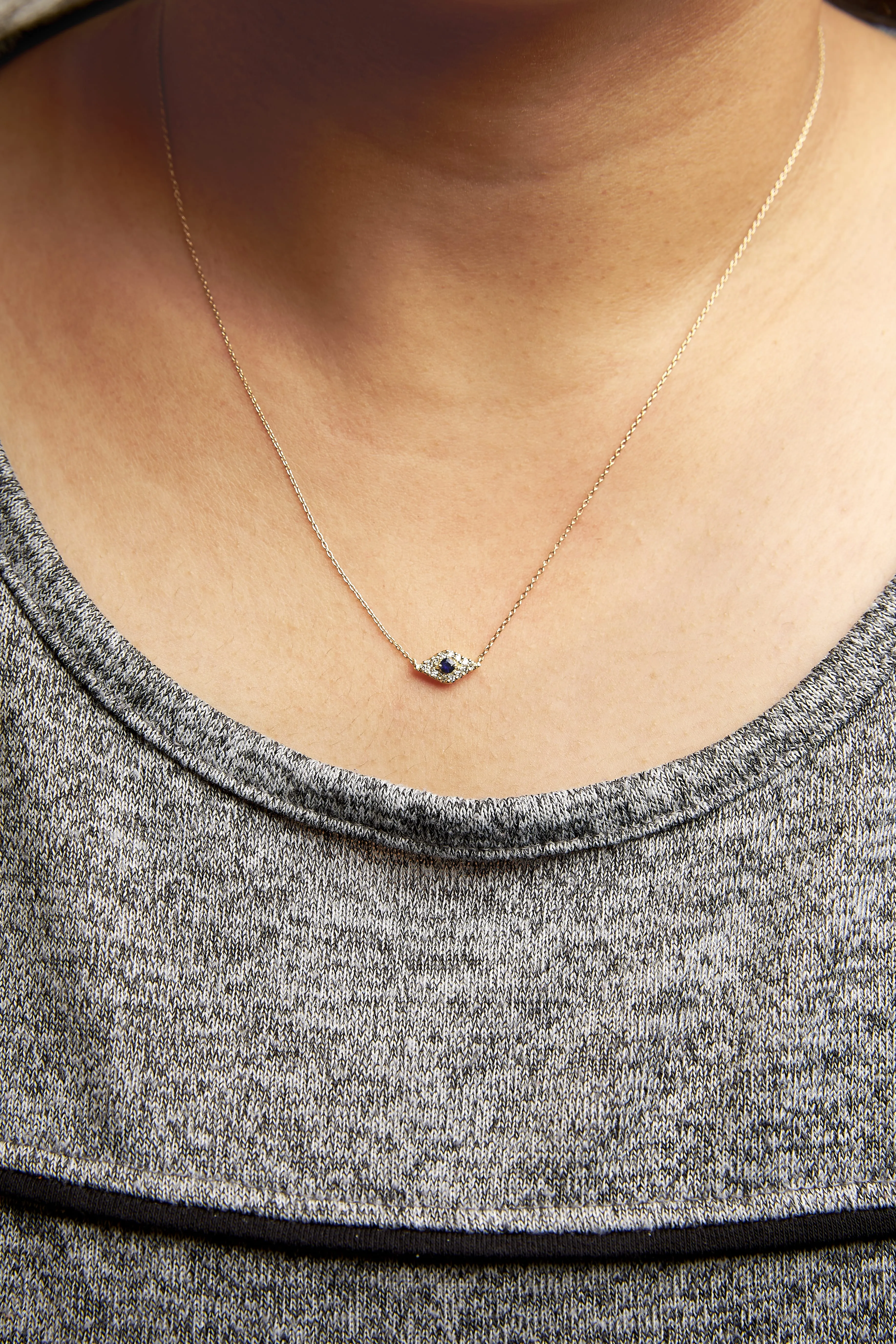 10K Yellow Gold Blue Sapphire and Diamond Accented Evil Eye 18" Inch Pendant Necklace