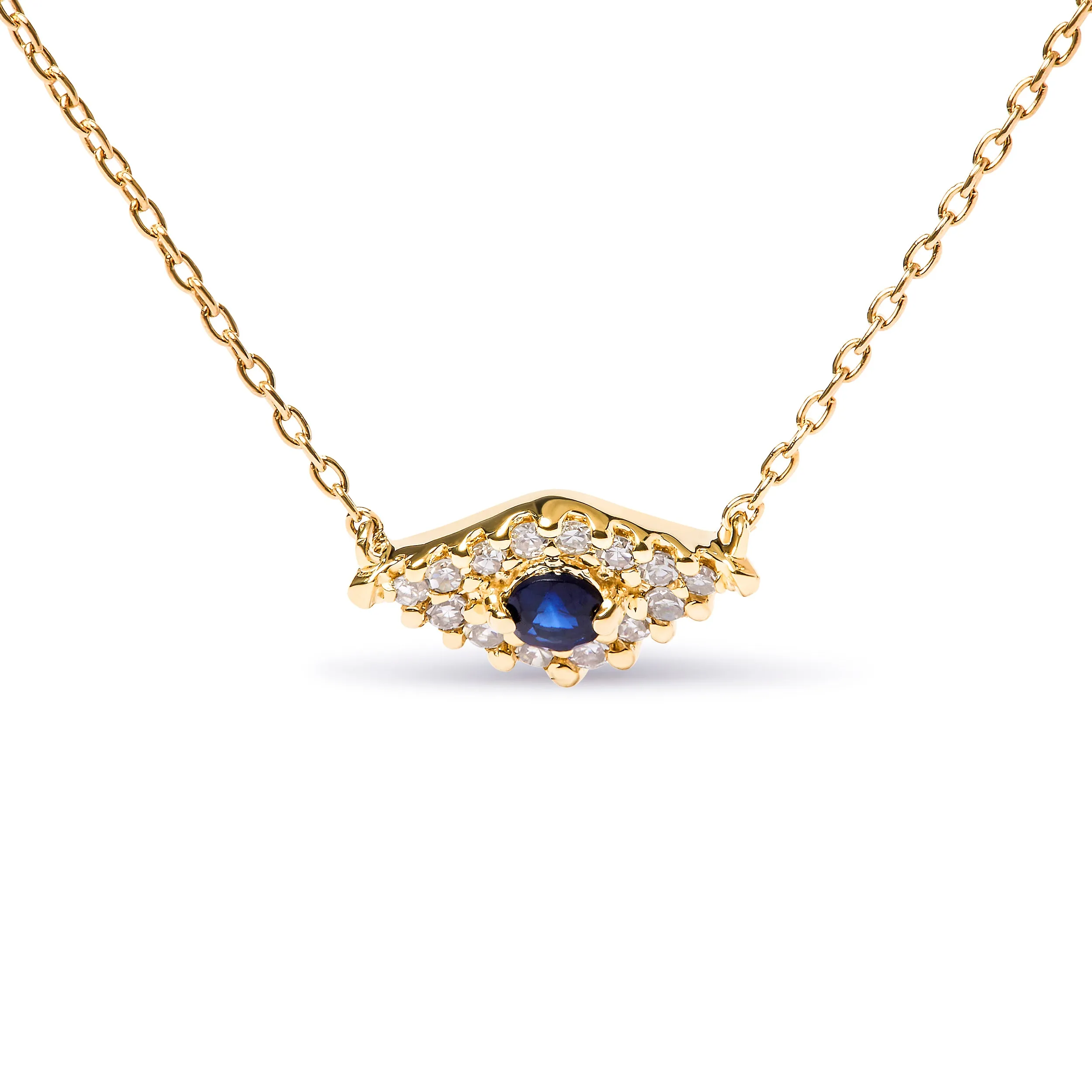 10K Yellow Gold Blue Sapphire and Diamond Accented Evil Eye 18" Inch Pendant Necklace