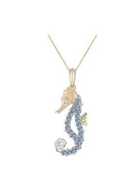 14k 2/tone Single Sea Horse Pendant with Diamond and 22 Pastel Blue Sapphires