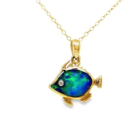 14k Diamond Opal Fish Pendant Necklace