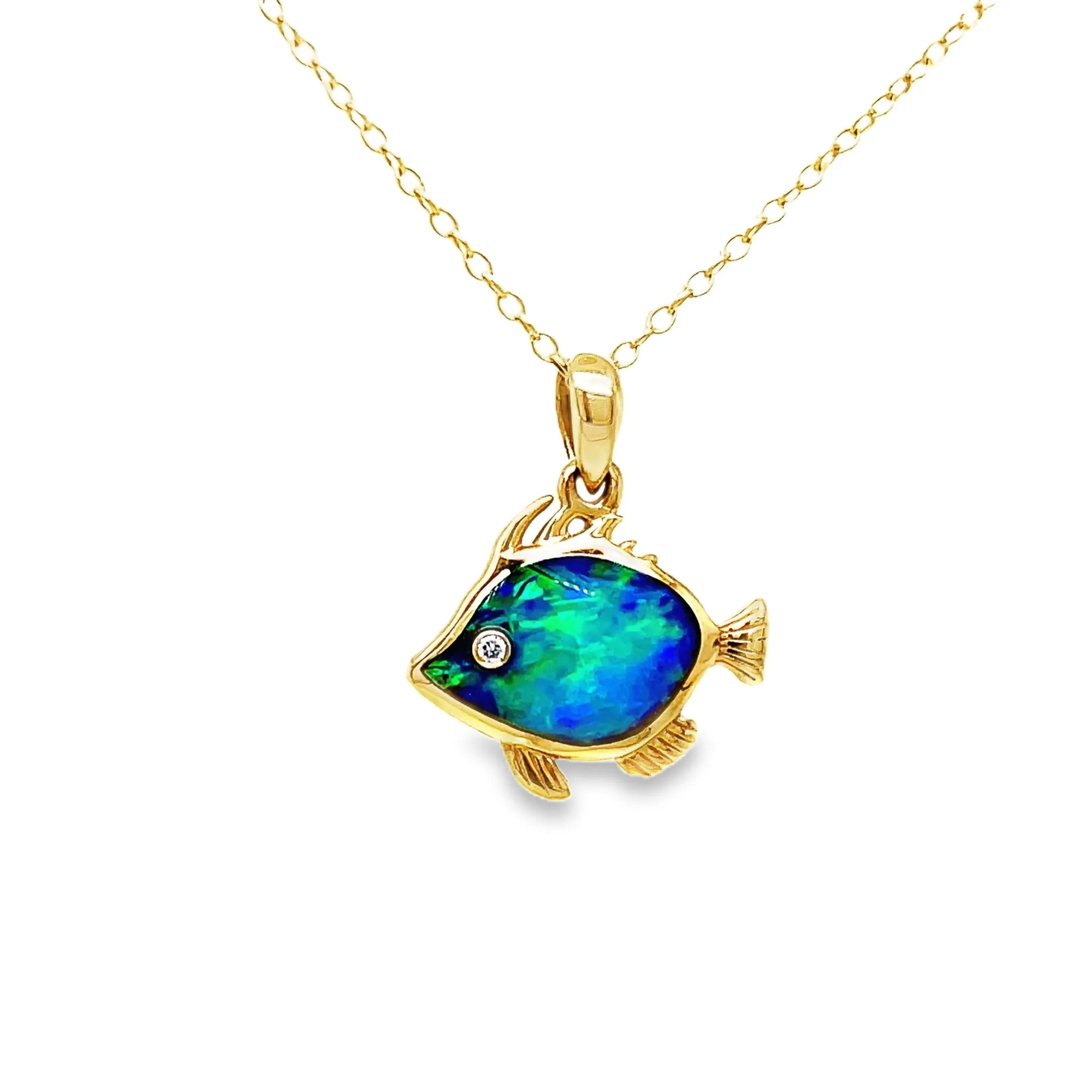 14k Diamond Opal Fish Pendant Necklace