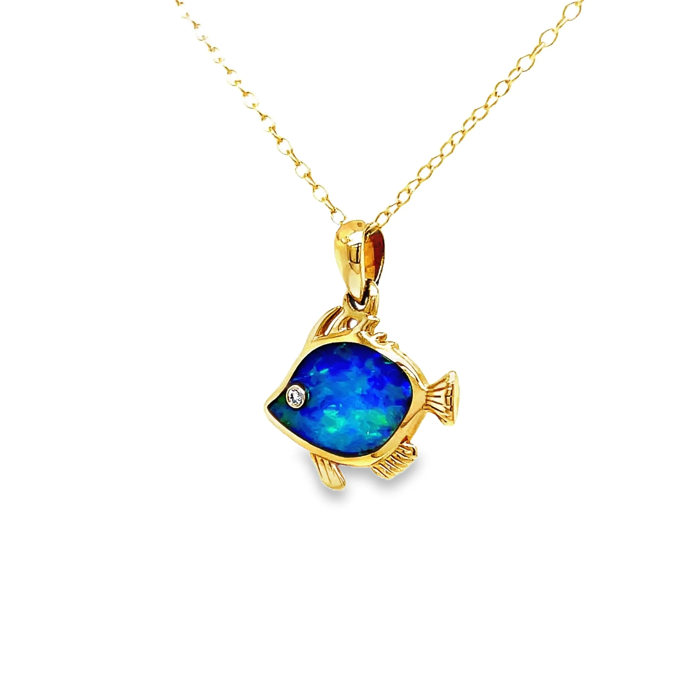 14k Diamond Opal Fish Pendant Necklace