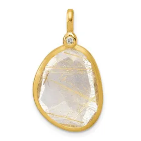 14K Polished Diamond and Rutilated Quartz Pendant