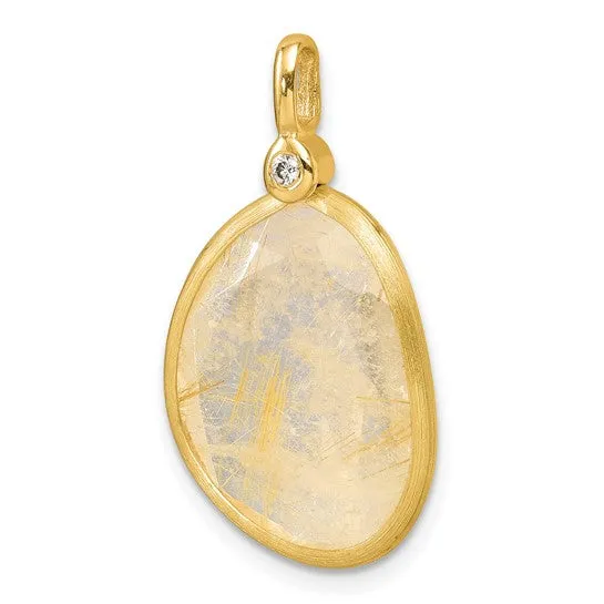 14K Polished Diamond and Rutilated Quartz Pendant