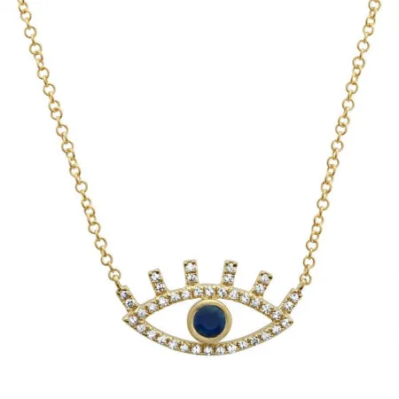 14K Rose Gold Diamond   Sapphire Evil Eye Necklace