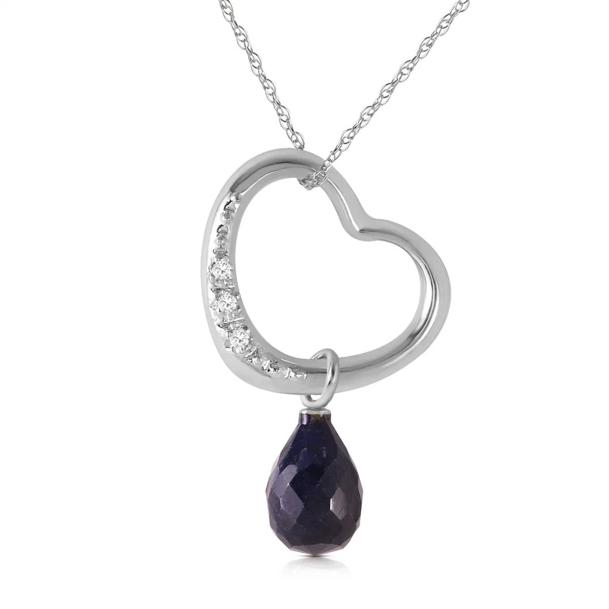 14K Solid White Gold Heart Necklace Natural Diamond & Sapphire Certified