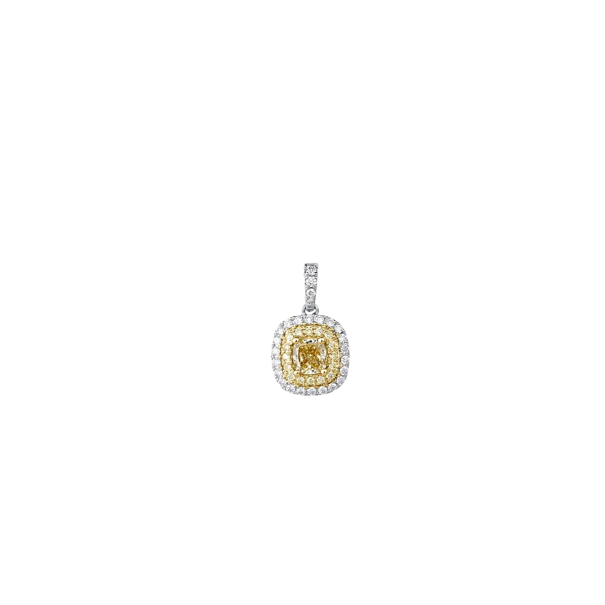14K White and Yellow Gold Cushion Yellow Diamond Pendant with Yellow and White Diamond Halo