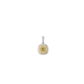 14K White and Yellow Gold Cushion Yellow Diamond Pendant with Yellow and White Diamond Halo