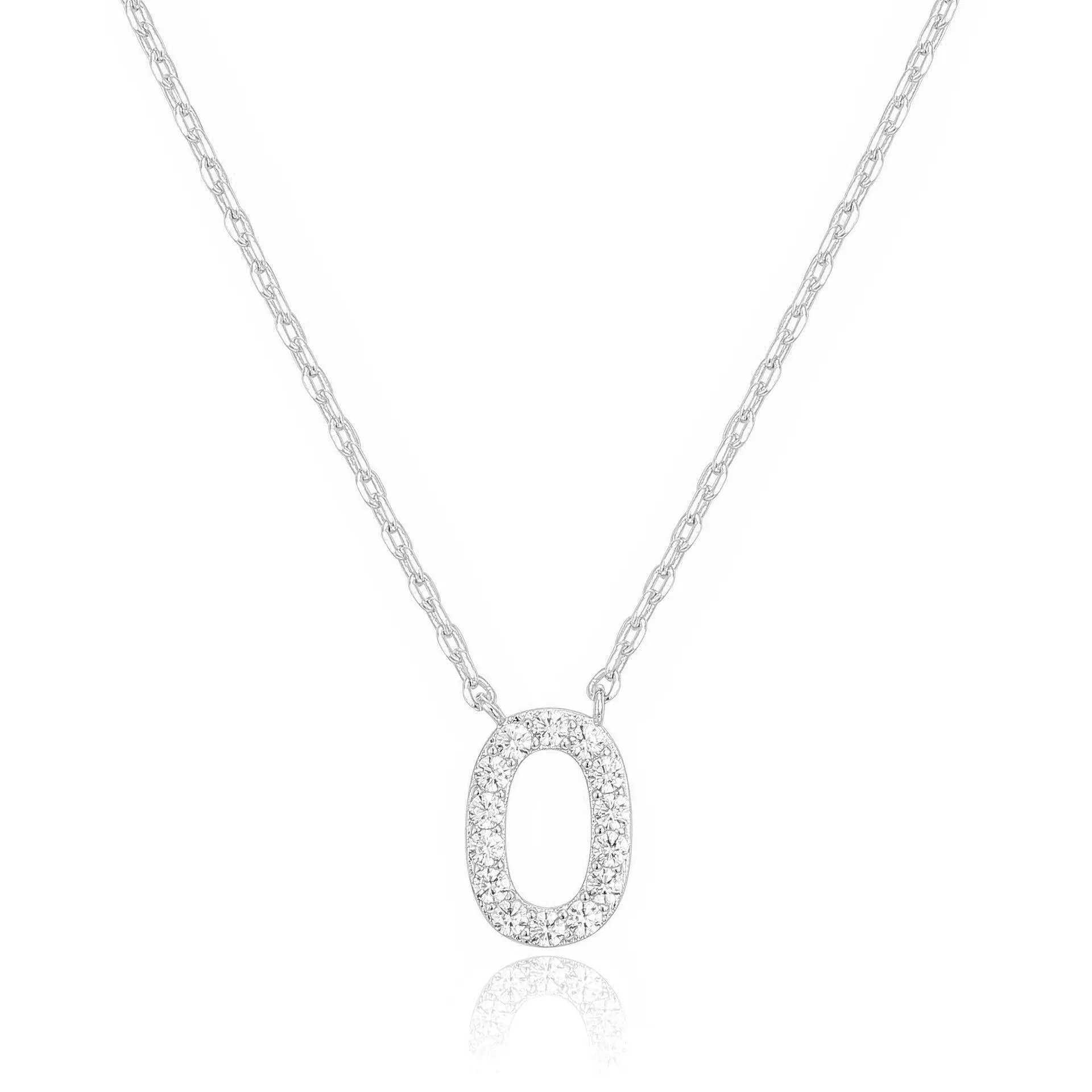 14k White Gold Created White Sapphire Initial O Letter Pendant Necklace Plated