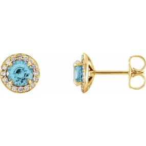 14K Yellow 5 mm Natural Blue Zircon & 1/8 CTW Natural Diamond Earrings