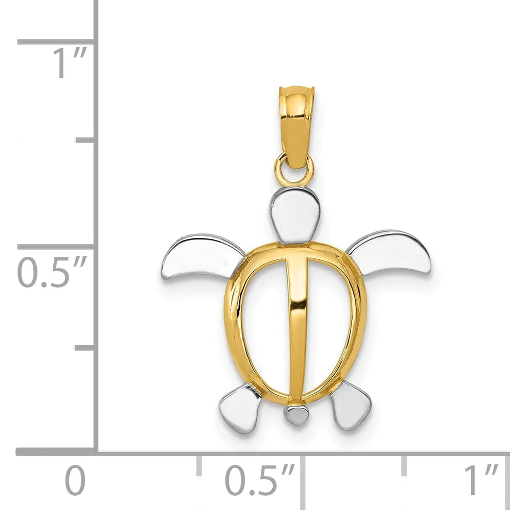 14K Yellow Gold and Rhodium Solid Polished Finish Open Back Casted Men's Sea Turtle Charm Pendant