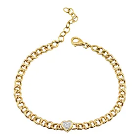 14k Yellow Gold Cuban Link White Topaz Heart Bracelet