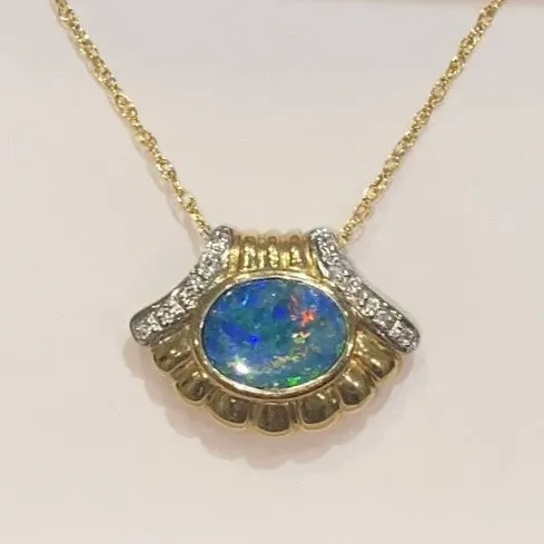 14K Yellow Gold Opal and Diamond Shell Pendant