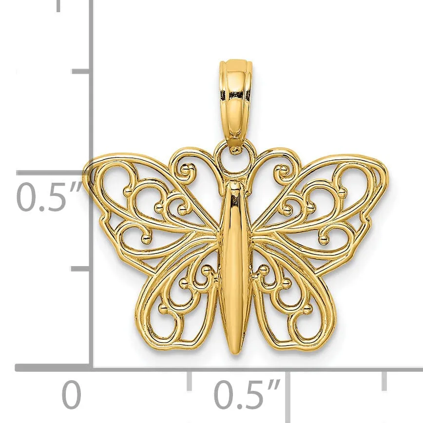 14K Yellow Gold Open Back Filigree Solid Polished Finish Butterfly Charm Pendant