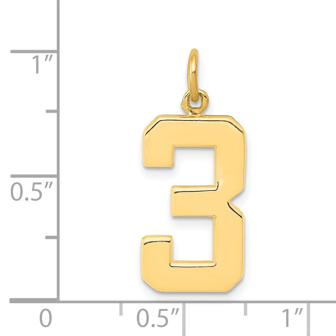 14k Yellow Gold Polished Finish Large Size Number 3 Charm Pendant