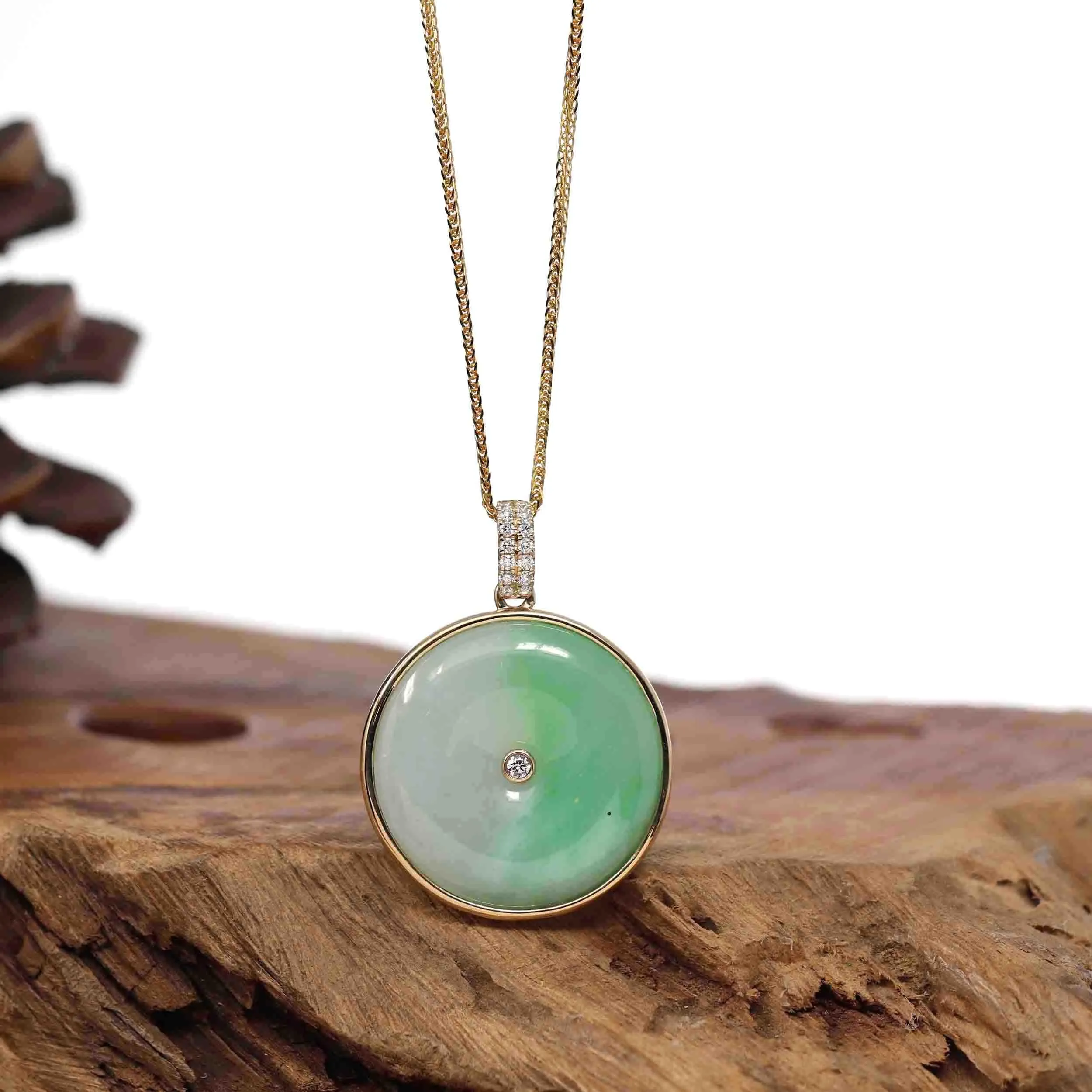 14K Yellow Gold "Good Luck Button" Necklace Green Jadeite Jade Lucky KouKou Pendant Necklace