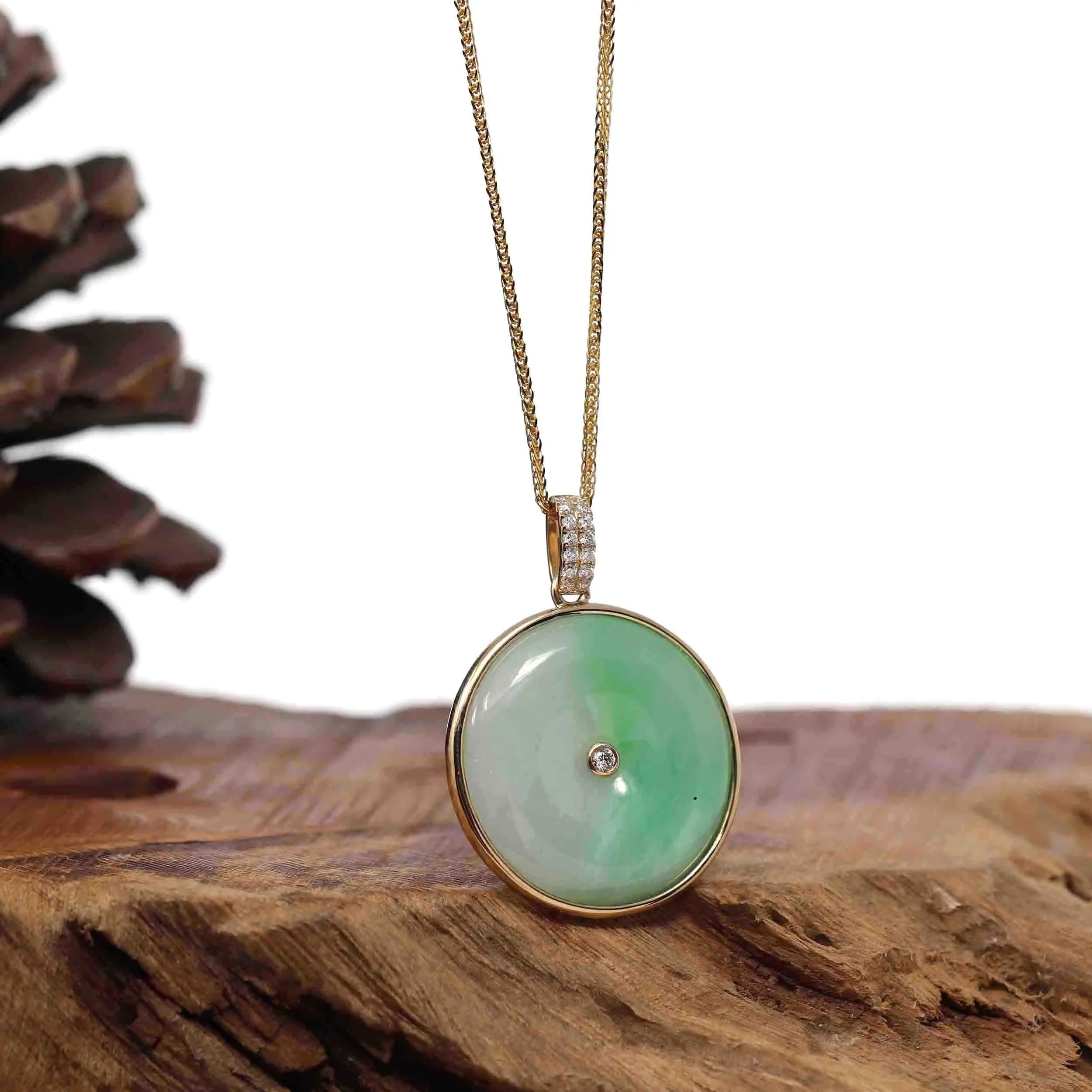 14K Yellow Gold "Good Luck Button" Necklace Green Jadeite Jade Lucky KouKou Pendant Necklace