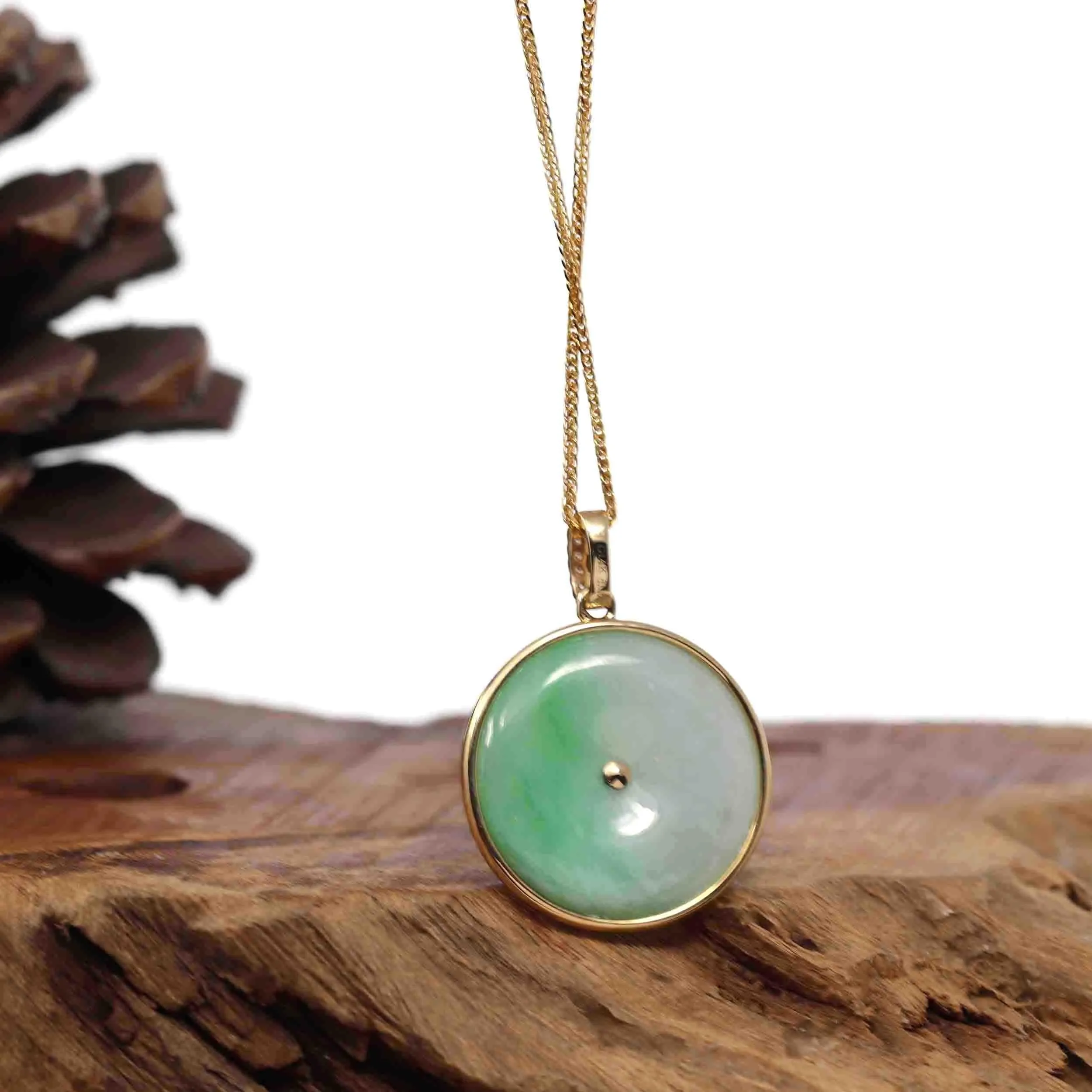 14K Yellow Gold "Good Luck Button" Necklace Green Jadeite Jade Lucky KouKou Pendant Necklace