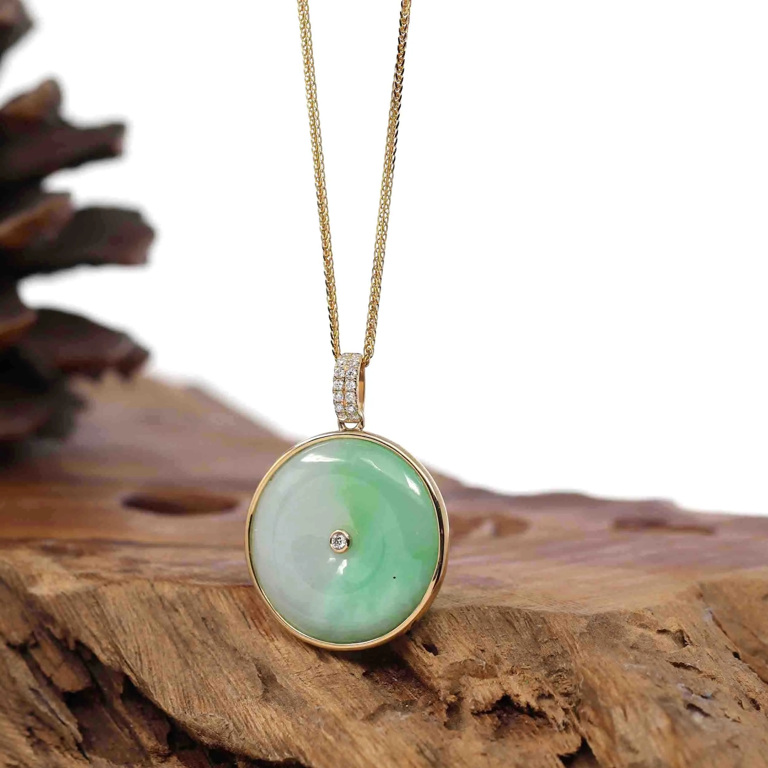 14K Yellow Gold "Good Luck Button" Necklace Green Jadeite Jade Lucky KouKou Pendant Necklace