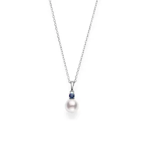 18K Gold Single Akoya Pearl and Sapphire Pendant Necklace