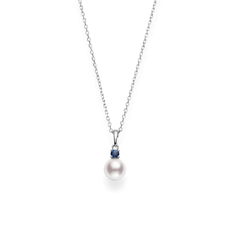 18K Gold Single Akoya Pearl and Sapphire Pendant Necklace