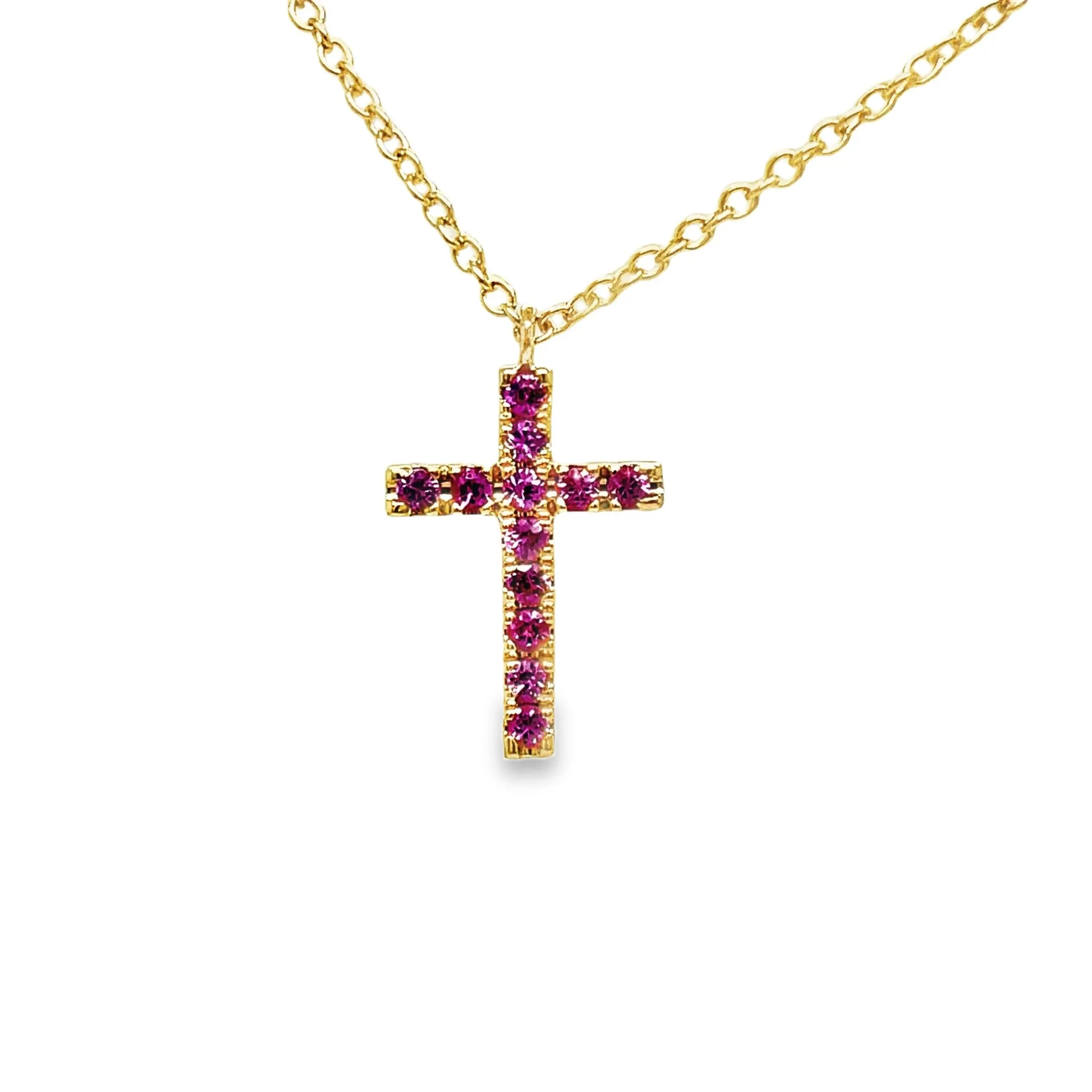18K Italian Made Reversible Diamond & Pink Sapphire Cross Pendant Necklace