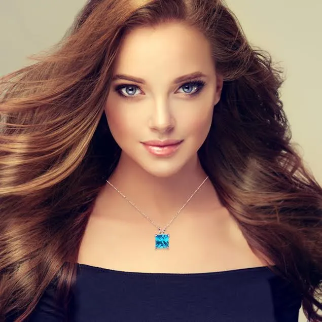 18K Rose Gold 2 Carat Created Blue Topaz Princess Stud Necklace Plated 18 inch
