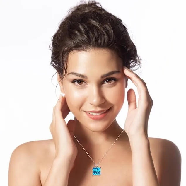 18K Rose Gold 2 Carat Created Blue Topaz Princess Stud Necklace Plated 18 inch