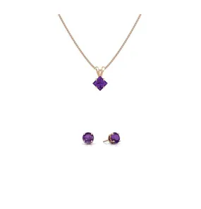 18K Rose Gold 4ct Amethyst Square 18 Inch Necklace and Round Earrings Set Plated