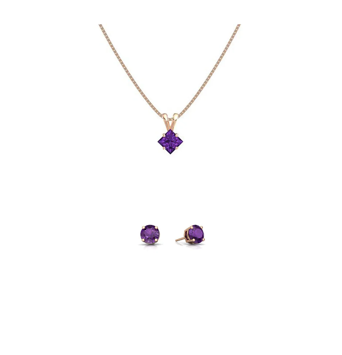 18K Rose Gold 4ct Amethyst Square 18 Inch Necklace and Round Earrings Set Plated