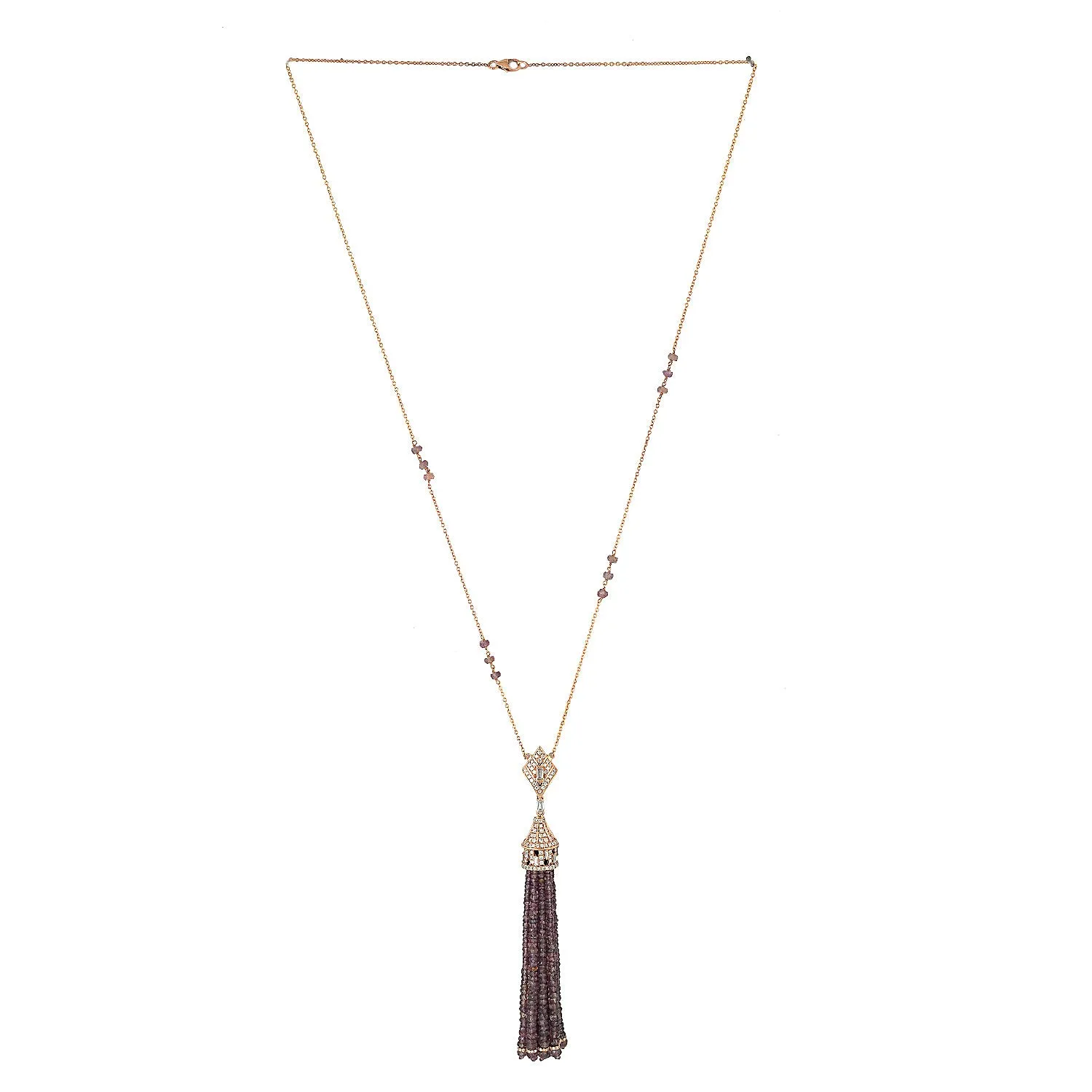18k Rose Gold Pave Diamond Beads Sapphire Tassel Matinee Necklace