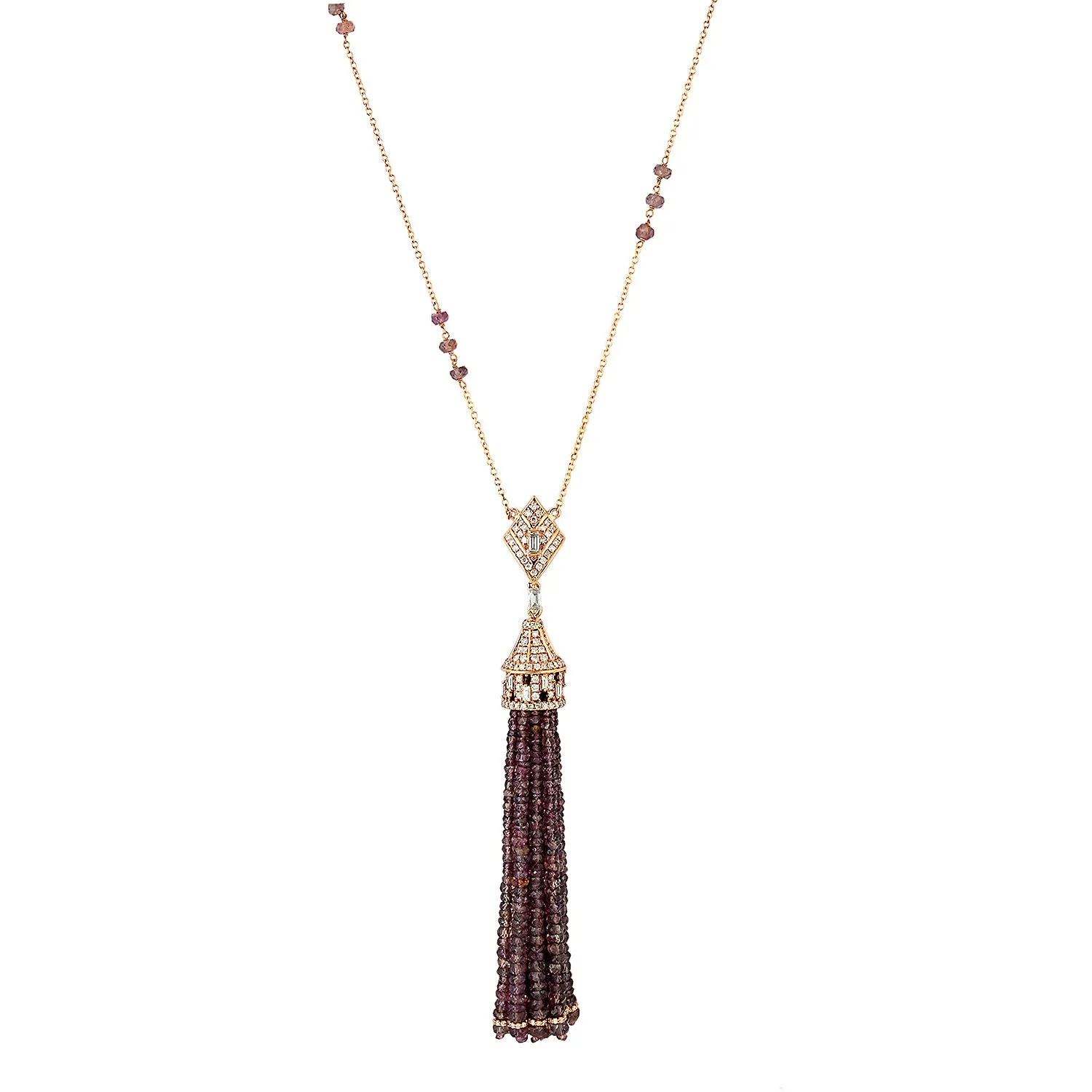 18k Rose Gold Pave Diamond Beads Sapphire Tassel Matinee Necklace