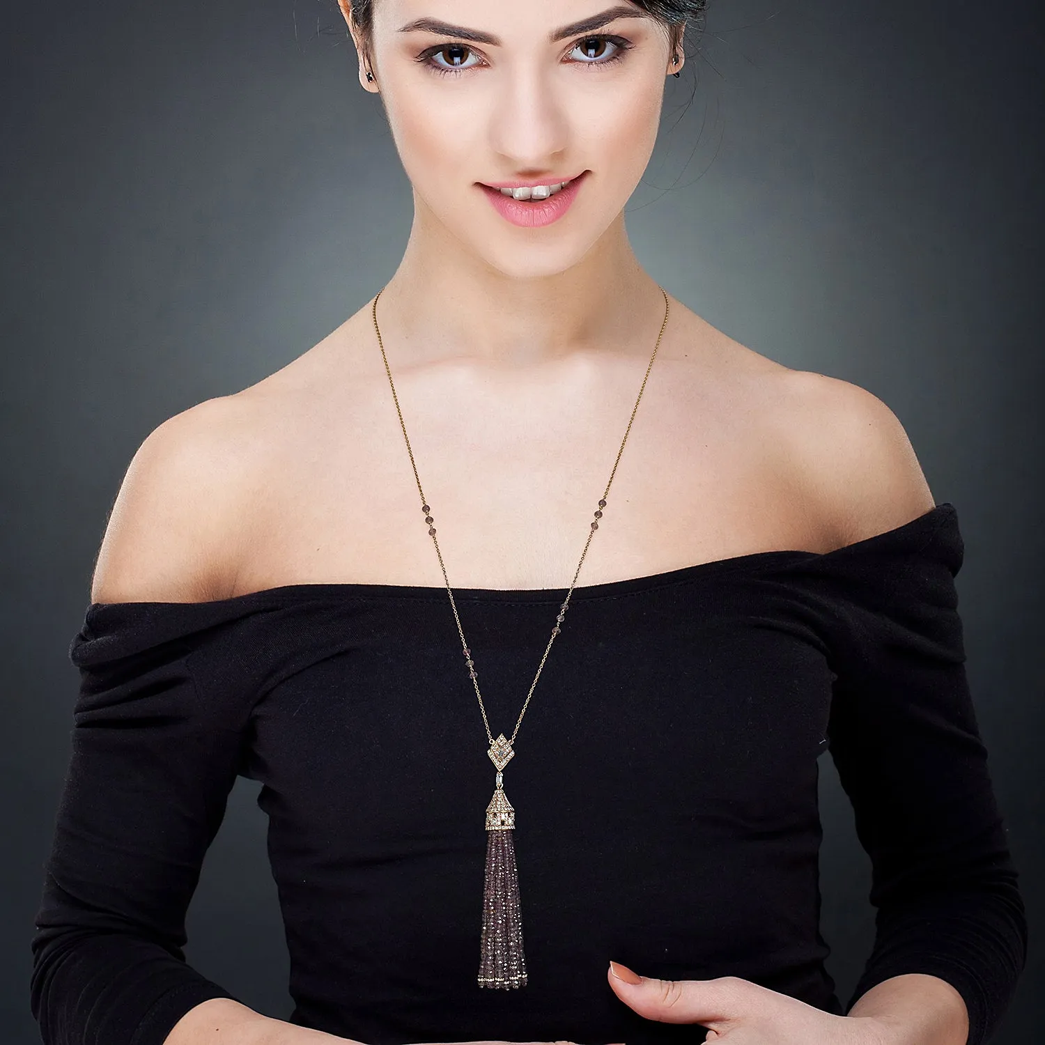 18k Rose Gold Pave Diamond Beads Sapphire Tassel Matinee Necklace