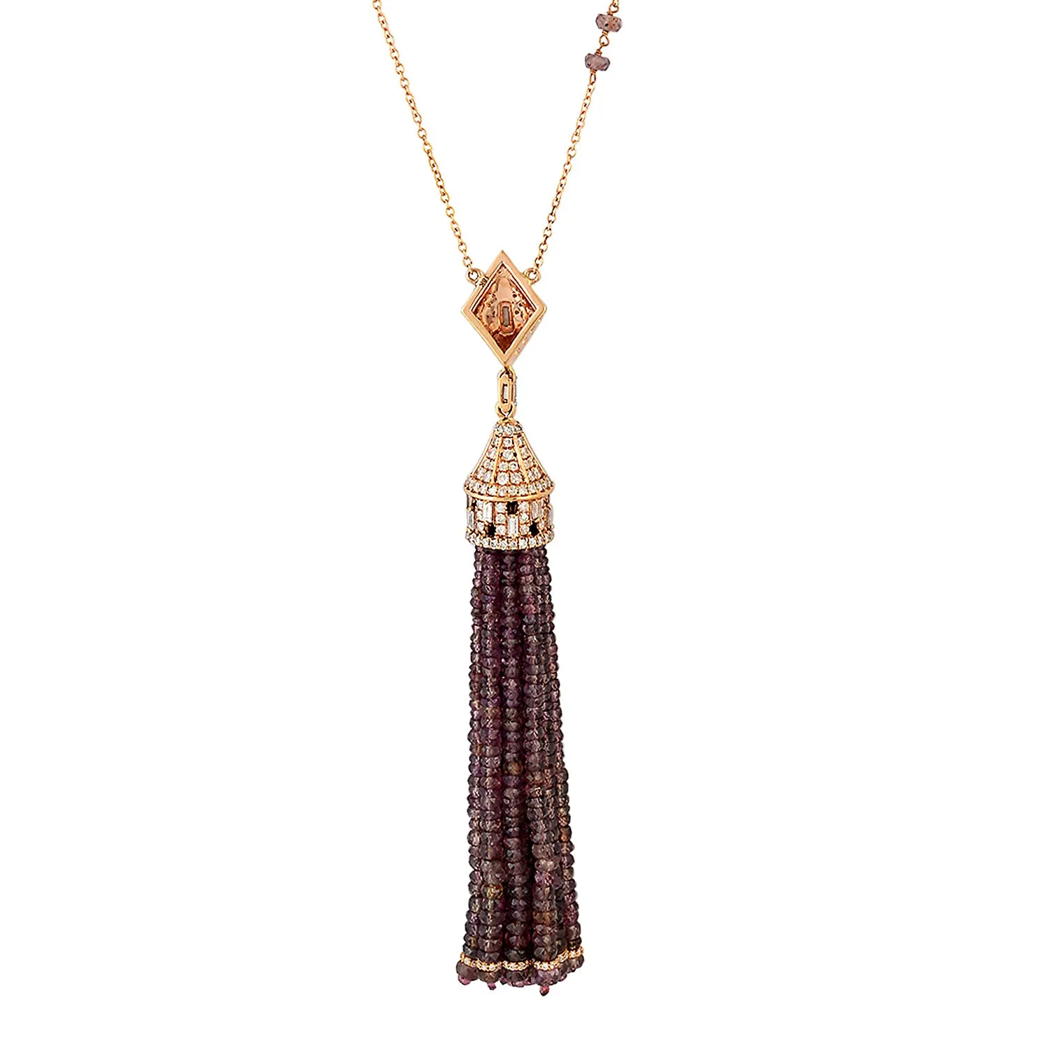 18k Rose Gold Pave Diamond Beads Sapphire Tassel Matinee Necklace