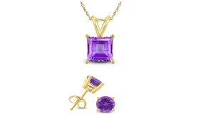 18K Yellow Gold 1/2ct Amethyst Square 18 Inch Necklace and Round Earrings Set Plated