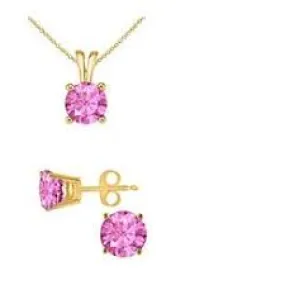 18K Yellow Gold 3ct Pink Sapphire Round 18 Inch Necklace and Earrings Set Plated