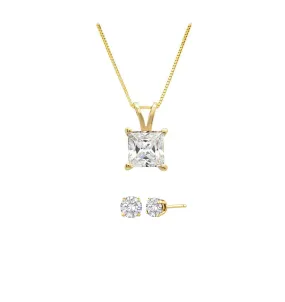 18K Yellow Gold 4ct White Sapphire Princess Cut 18 Inch Necklace and Round Earrings Set Plated