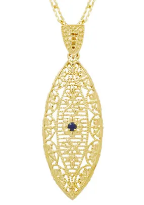 1920's Blue Sapphire Filigree Leaf Pendant Necklace in Yellow Gold Vermeil Over Sterling Silver