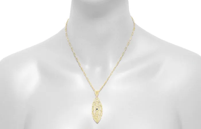 1920's Blue Sapphire Filigree Leaf Pendant Necklace in Yellow Gold Vermeil Over Sterling Silver