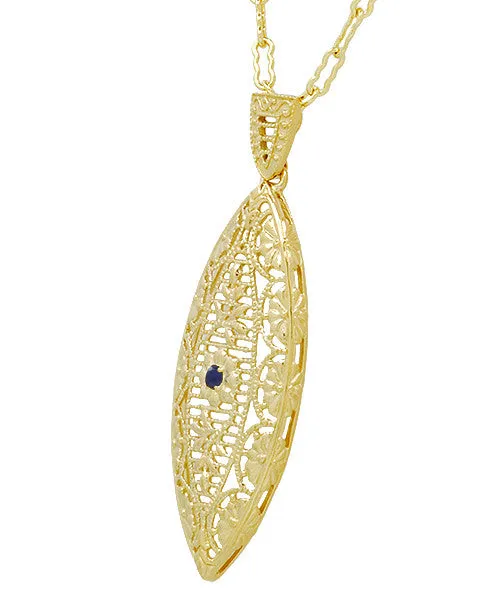 1920's Blue Sapphire Filigree Leaf Pendant Necklace in Yellow Gold Vermeil Over Sterling Silver