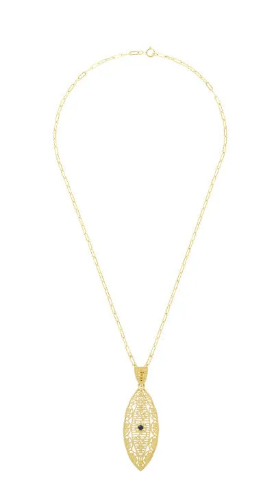1920's Blue Sapphire Filigree Leaf Pendant Necklace in Yellow Gold Vermeil Over Sterling Silver
