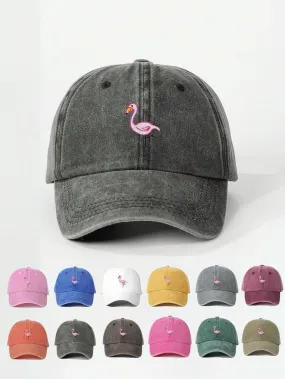 1pc Unisex Embroidered Flamingo Washed Baseball Cap, Outdoor Adjustable Sun Protection Cap For Spring/Autumn, Suitable For Travel/Beach/Holiday, Y2K Style Youth Hat