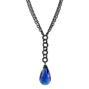 2028 Jewelry Sapphire Blue Briolette Glass Crystal Black Chain Y-Necklace 16"   3" Extender